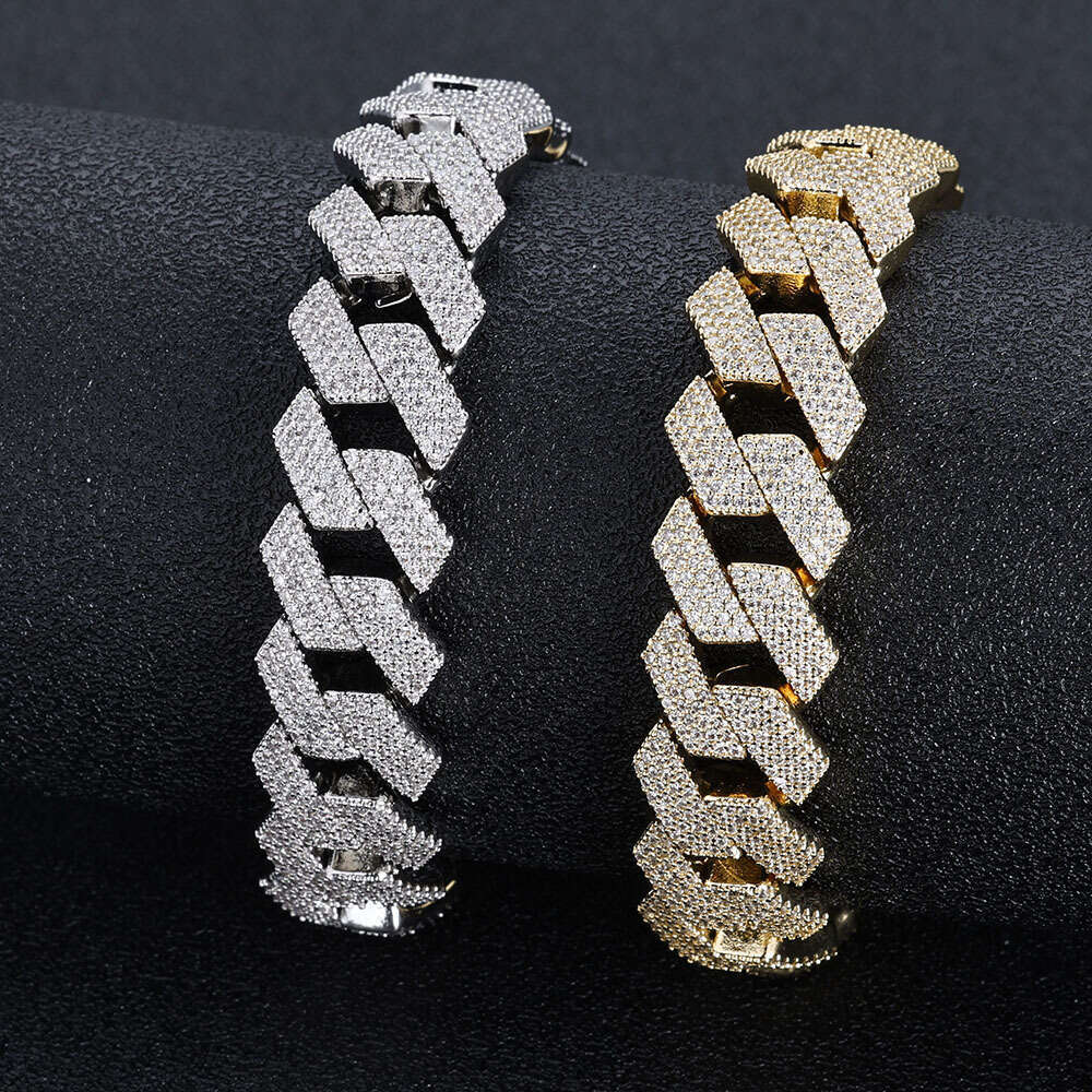 Hip Hop Zircon Necklace 15mm Four Rows Inlaid Dia Rhombus Cuban Chain Men's Bracelet Jewelry b558