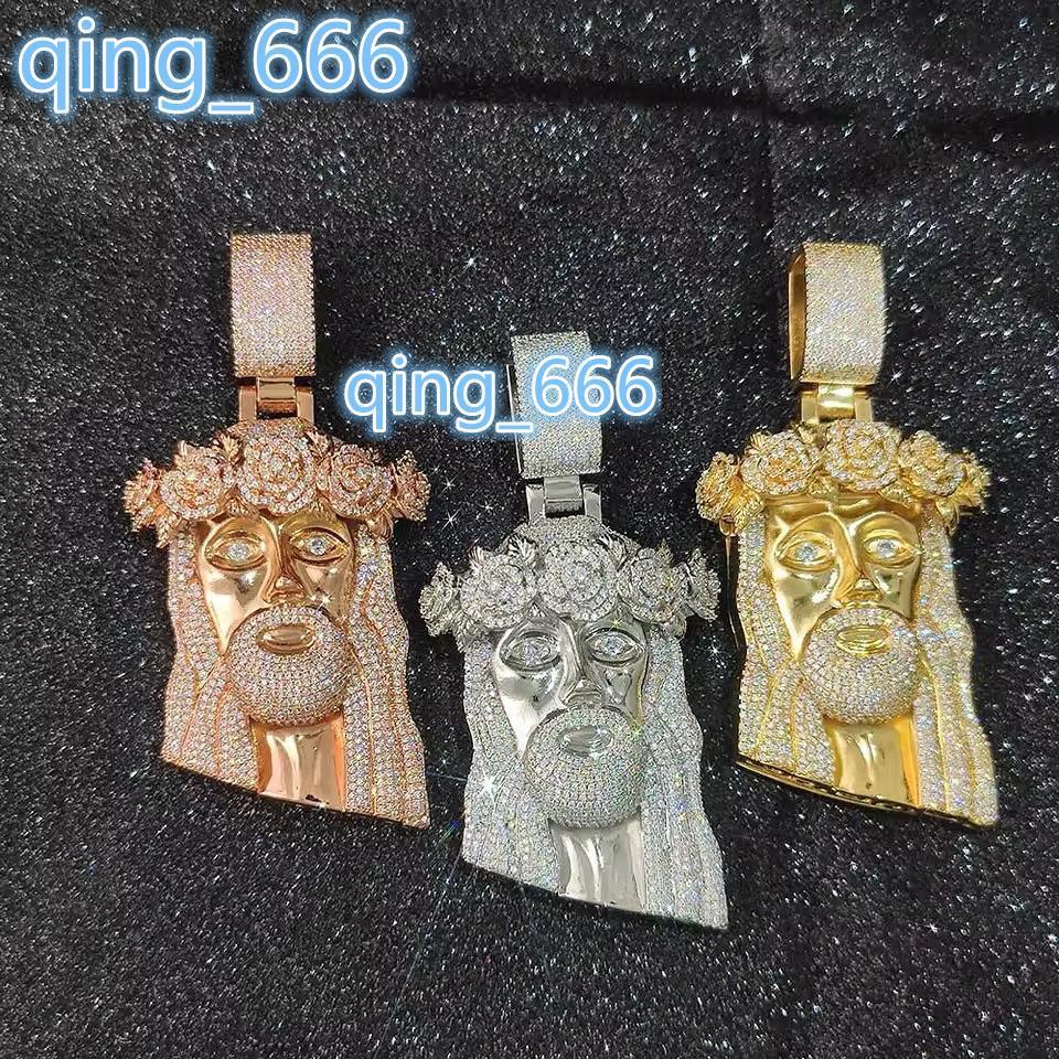 Hot Sale 925 Sterling Silver Jesus Head Pendant Rose Gold Plated Moissanite Inlay Jesus Christ Statue Prayer Pendants Charms