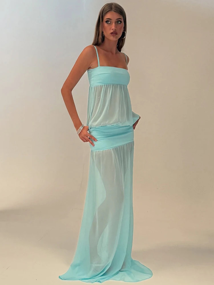 Mozision Chiffon See Through Sexy Maxi Dress Women Gown Fashion Spaghetti Strap Sleeveless Backless Draped Club Party Long Dress 250624