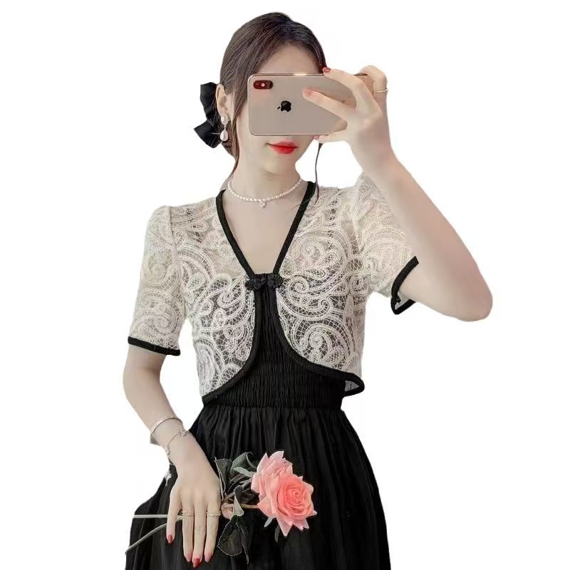 K1141 New Chinese style lace small shawl women's outer wear sunscreen cardigan short sleeve retro style new temperament button short outer