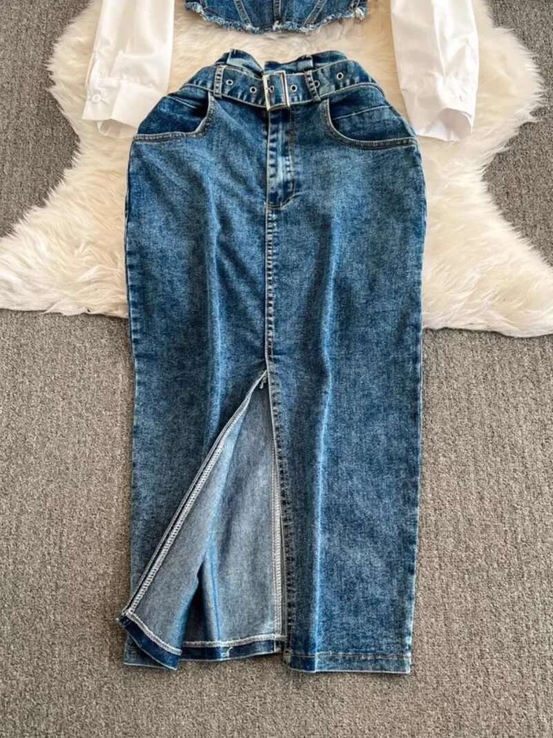2025 New Denim Sets Laple Neck Long Sleeve Fake Two Piece Shirts Blouses+ High Waist Belt Split Skirt Fashion Women Suit