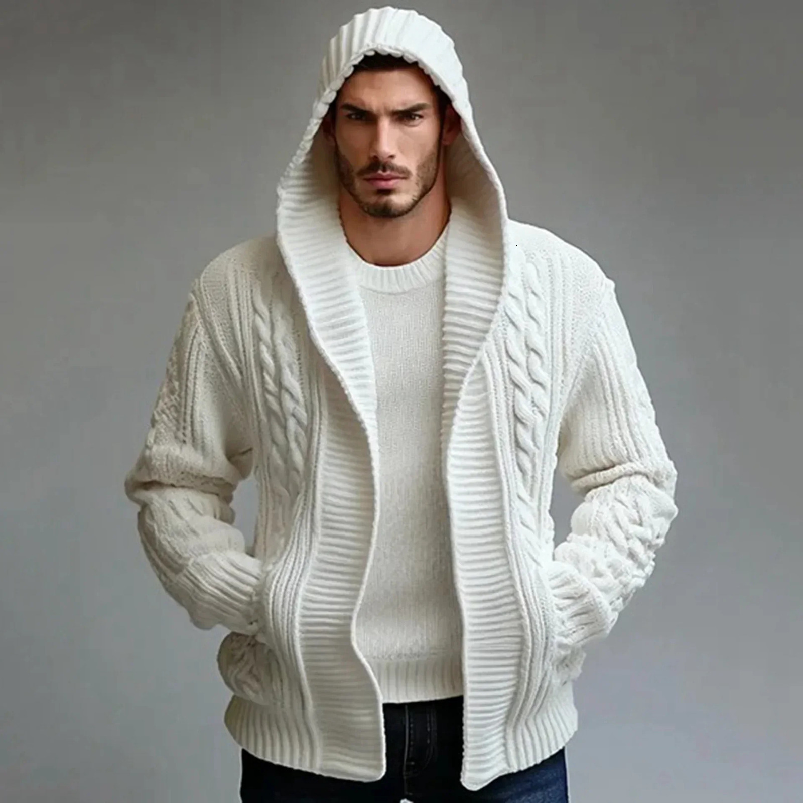 Men Cardigan Sweaters Hooded Coat Full Sleeve Solid Coats Casual Loose Outerwear Splice Open Stitch Autumn Winter 250624