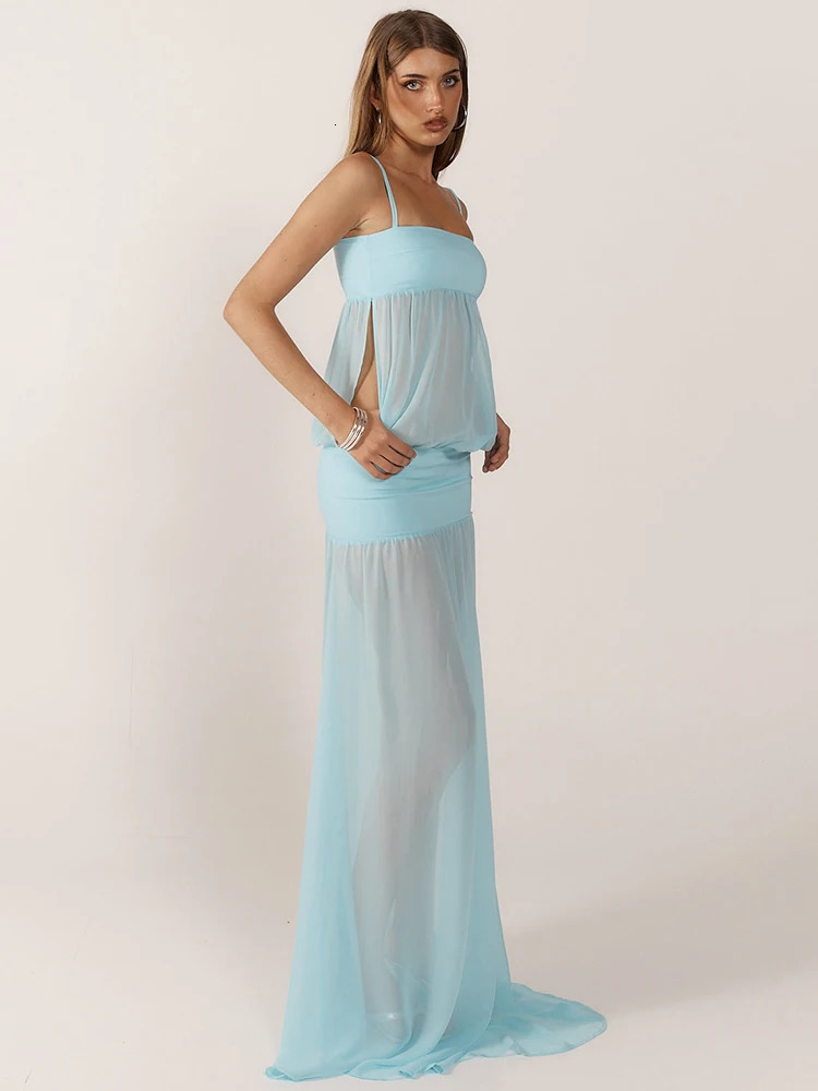 Mozision Chiffon See Through Sexy Maxi Dress Women Gown Fashion Spaghetti Strap Sleeveless Backless Draped Club Party Long Dress 250624