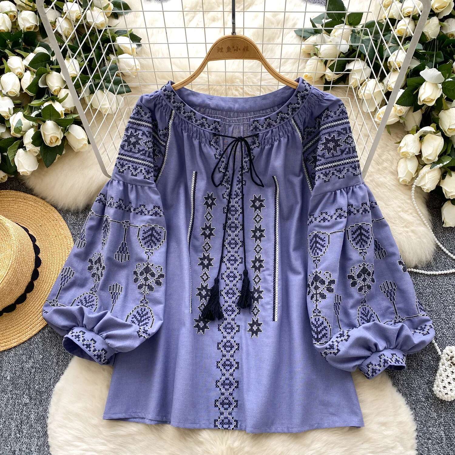 Embroidery Blusas Mujer Boho Beach Woman Shirts Blouses O-neck Lace-up Camisas Spring Loose Women Clothing Contrast Ropa