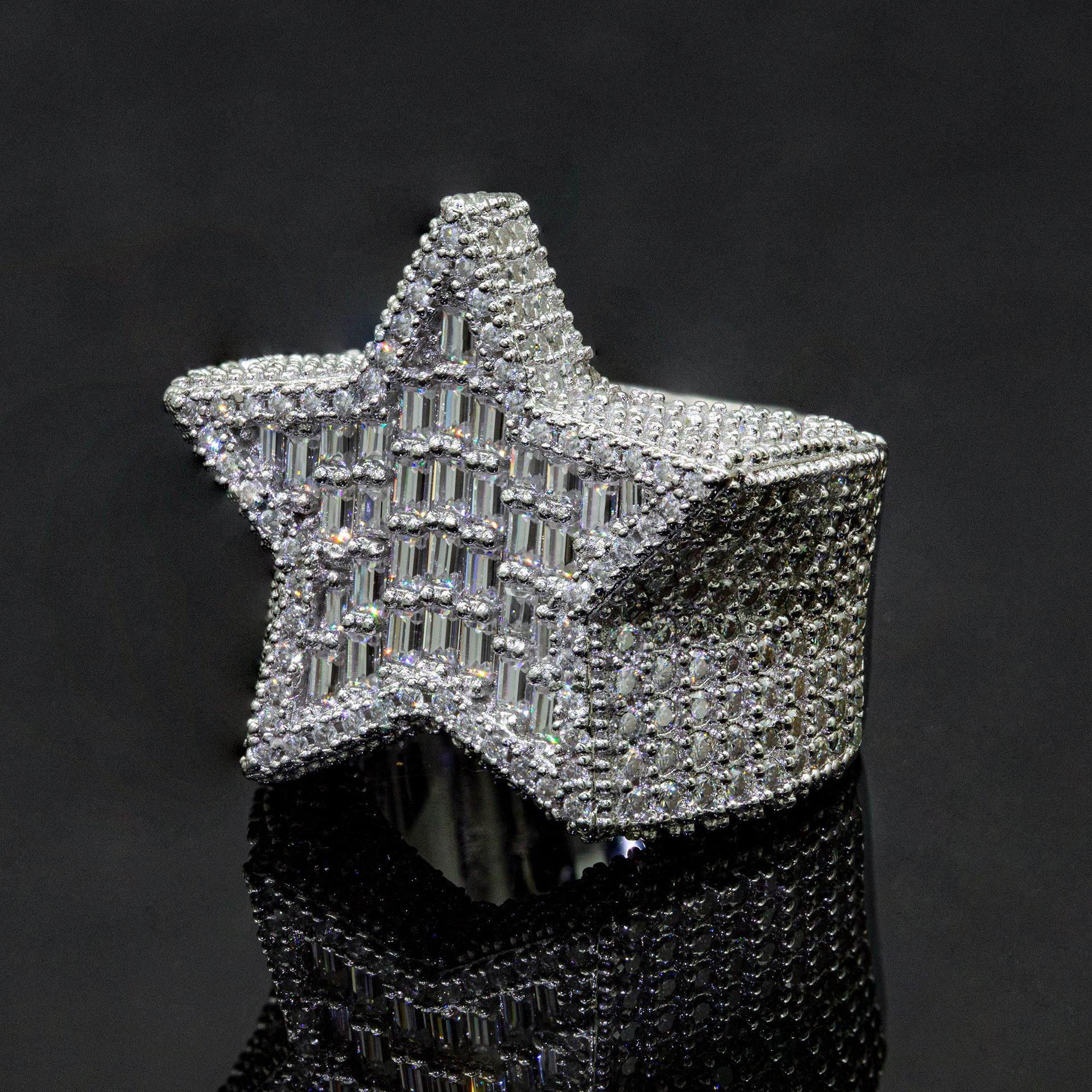 Iced Out Star Shape Design Ring Baguette Hip Hop Rapper Jewelry Full With VVS Moissanite Diamond 925 Silver Men Ring