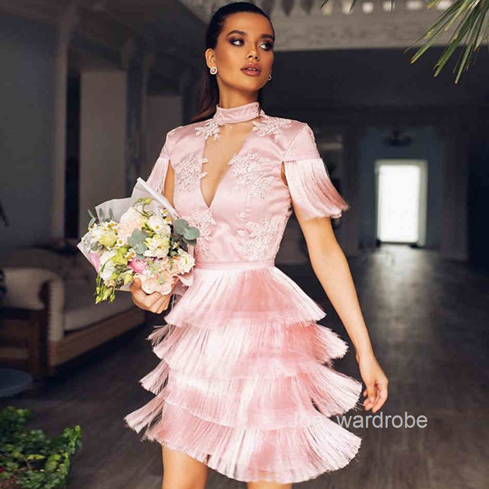 Summer Women Lace Bodycon Bandage Dress Sexy Short Sleeve Tassel Mini Club Celebrity Runway Party Dresses Vestido