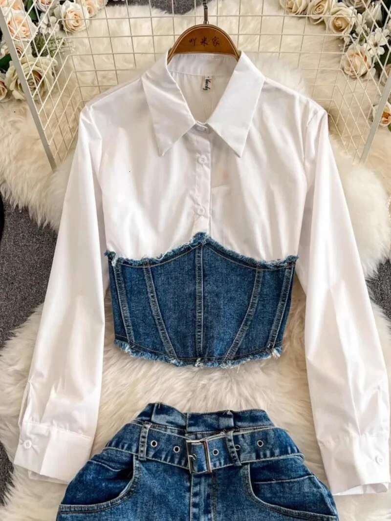 2025 New Denim Sets Laple Neck Long Sleeve Fake Two Piece Shirts Blouses+ High Waist Belt Split Skirt Fashion Women Suit