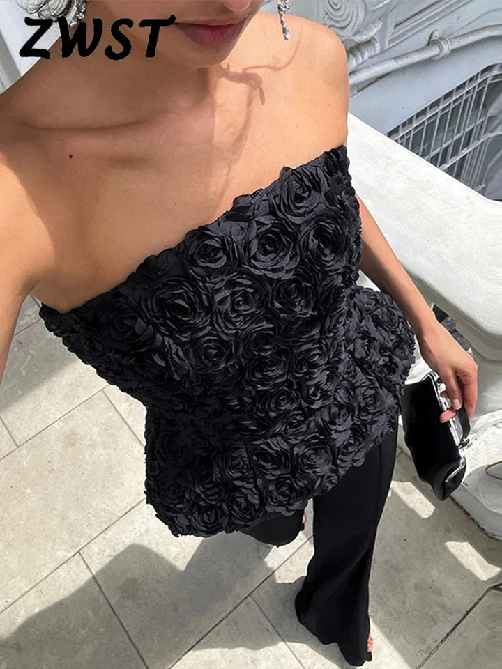Sexy 3D Flower Tube Top Pants Set Women Slim Sleeveless Backless Vest Solid Straight Trousers Female 2025 Summer Chic Suit 250616