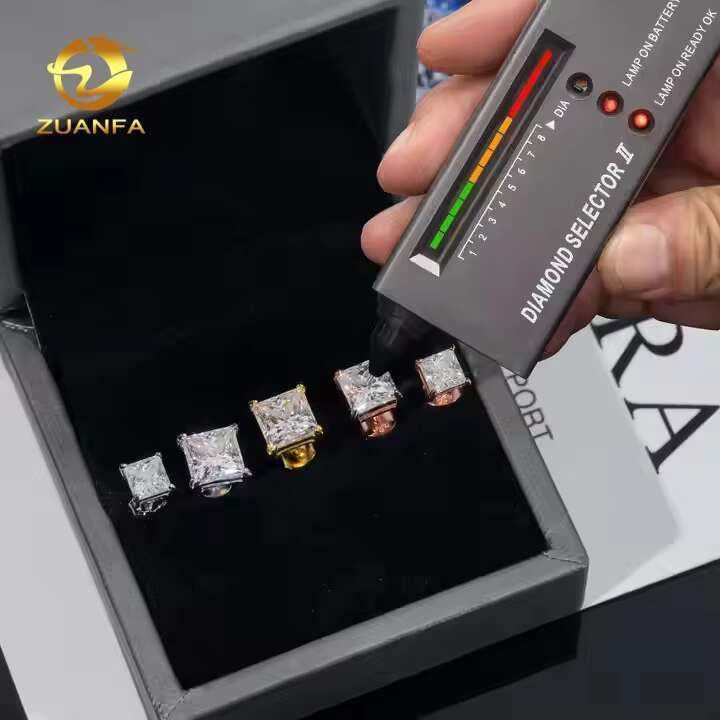 Wholesale Fashion Jewelry Princess Cut Single Diamond Ear Studs VVS Moissanite 925 Sterling Silver Stud Earring for Men Women