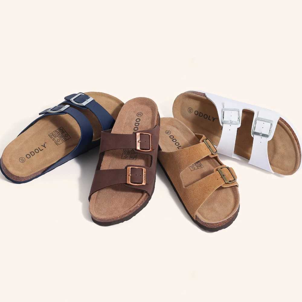 Cwarm Men Cork Leather Slippers Summer Brand Slippers Leisure Beach Shoes Unisex Fion Cork Sandals Adjustable Double buckle Y250626