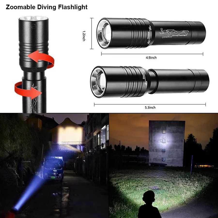 Powerful LED Diving Flashlight Zoomable Underwater Torch Professional Diving 300M Dive Lights IPX8 Waterproof Fishing Lantern W250701