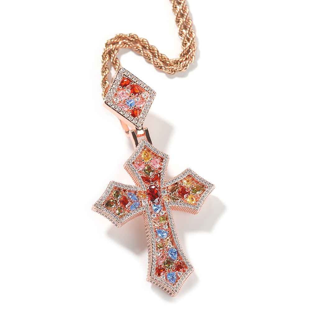 Hip Hop Rhombus Clasp Cross Pendant Necklace Colorful 5A T Zircons Women Mens Religious Jewelry
