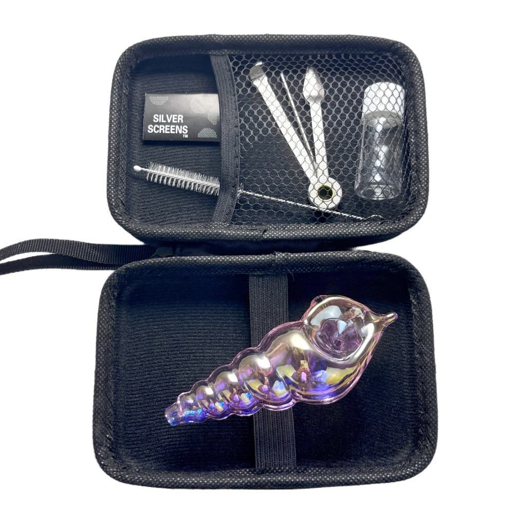Electroplated Pink 4inch Conch Glass Smoking Hand Pipe W/Cleaning Kit Tool Box Full Set