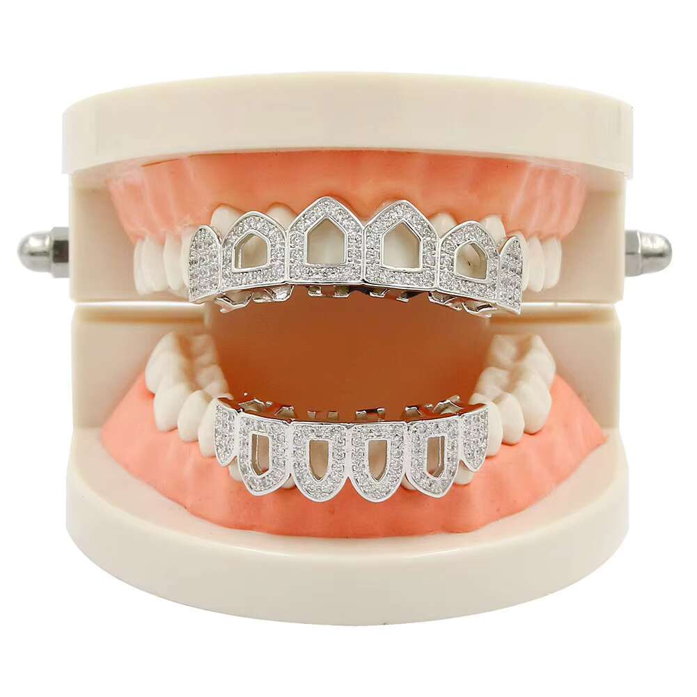 Six Halloween Teeth Grillz 18K Gold Plated Hip Hop Zircon Grillz Brass Religious Hollow Gold Teeth Grillz for PartiesOACOCA