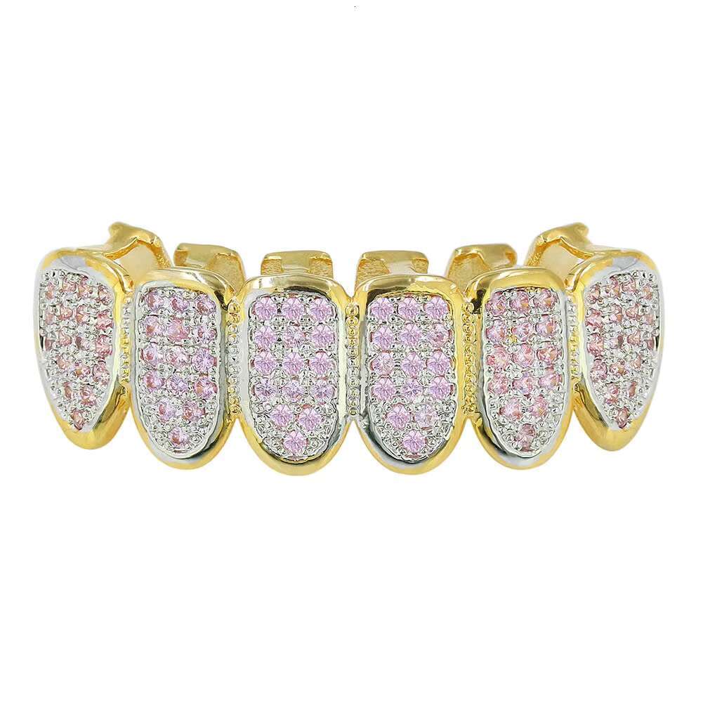 Luxury Pink Zirconia Crowns Dental Grills 18K Gold Plated Brass Teeth Grillz for Wedding or PartyOACOCA