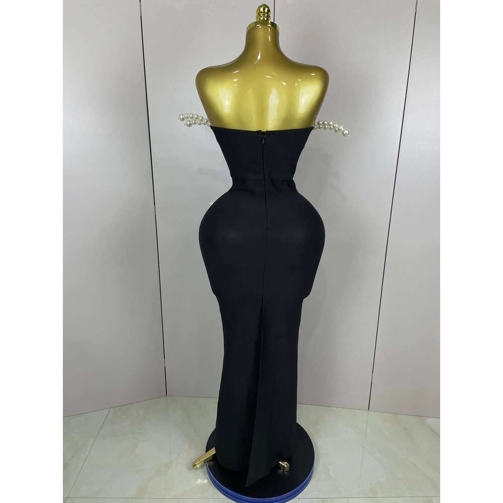 2025 New Sexy Strapless Pearl Beading Bodycon Long Bandage Dress Women Fashion Elegant Evening Party Birthday Dresses