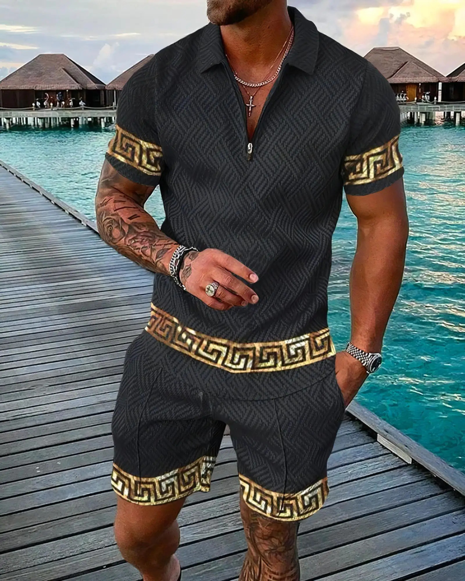 Funny 3D Printed Mens 2 Piece Sets Fashion Polo ShirtShorts Outfit Casual Short Sleeve Zipper Shirts Summer Hip Hop Streetwear 250624