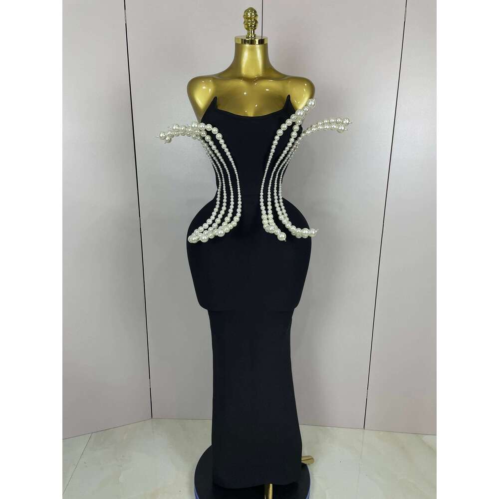 2025 New Sexy Strapless Pearl Beading Bodycon Long Bandage Dress Women Fashion Elegant Evening Party Birthday Dresses