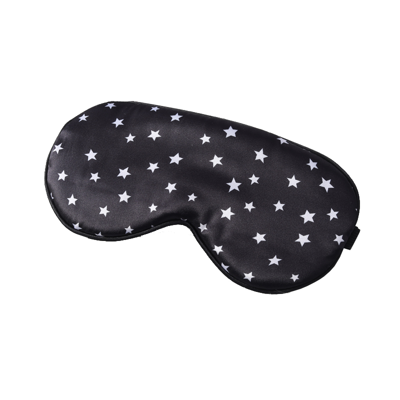 Eye mask in stock - silk sleep mask with blackout printing and five-pointed stars. Perfect for naps, travels, home use. Adjustable tightness.