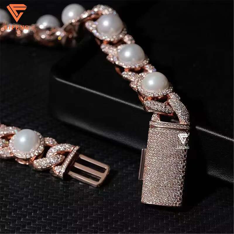Lifeng 18K Rose Gold Plated 925 Silver Necklace Iced Diamond Moissanite New Design 15mm Pearl Bubble Cuban Link Chains for Gift