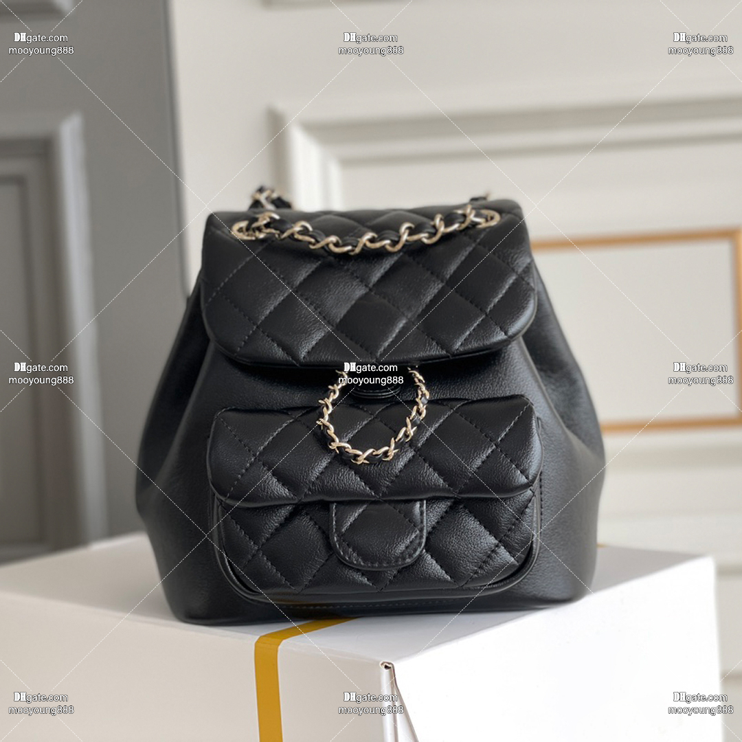 12A Upgrade Mirror Quality Designer Quilted Backpack for Women Black Lambskin Leather Shoulder Bags Small Large Double Chain School Bag Luxury Backpack with Box