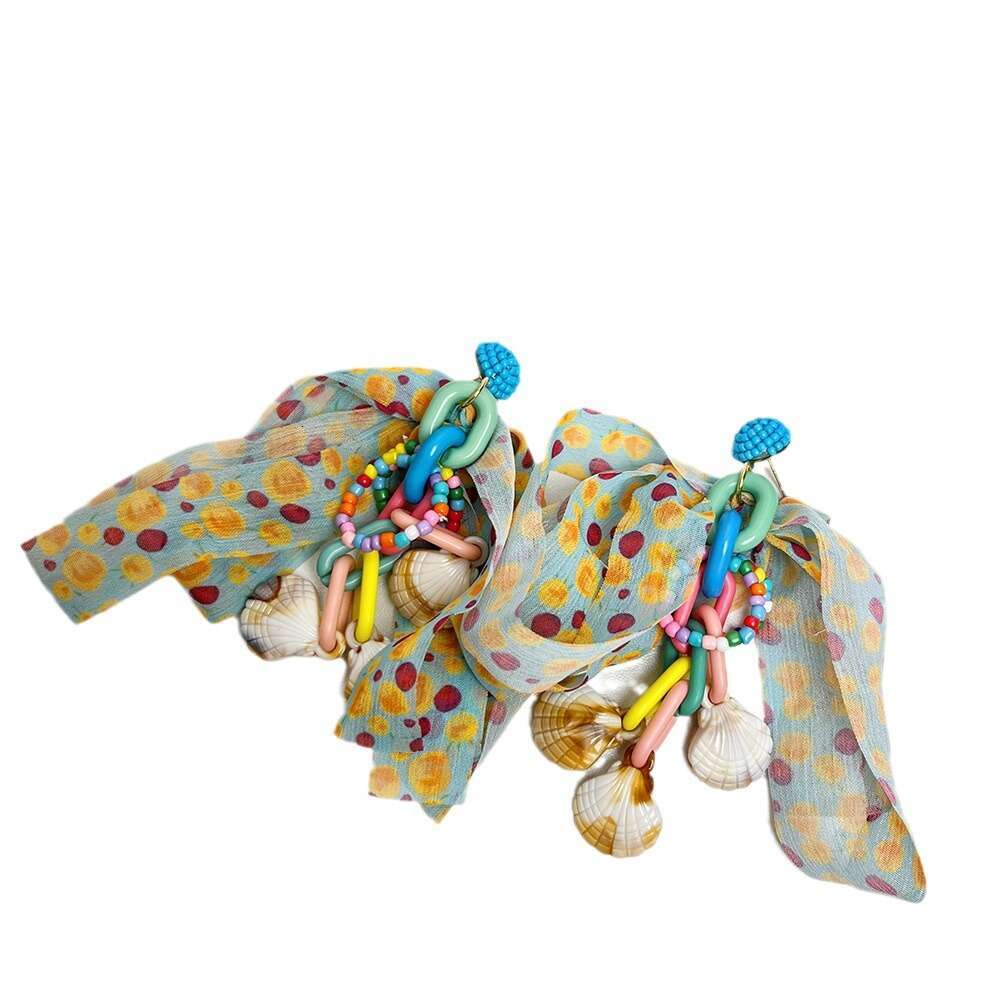 Dopamine Colorful Polka Dot Chiffon Bowknot for Women, Designer Style Rice Bead Long Hoop Shell Tassel Earrings
