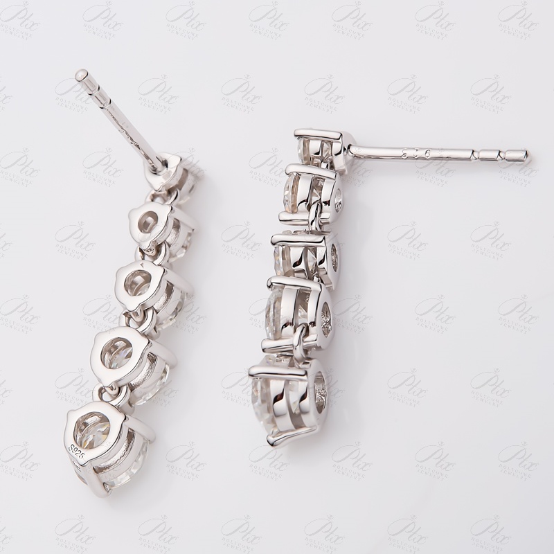 Tennis Design Three Prongs Setting Gradient Size Round Brilliant Cut VVS Moissanite Drop Earrings Gold Plated Stud Earring Wedding Party