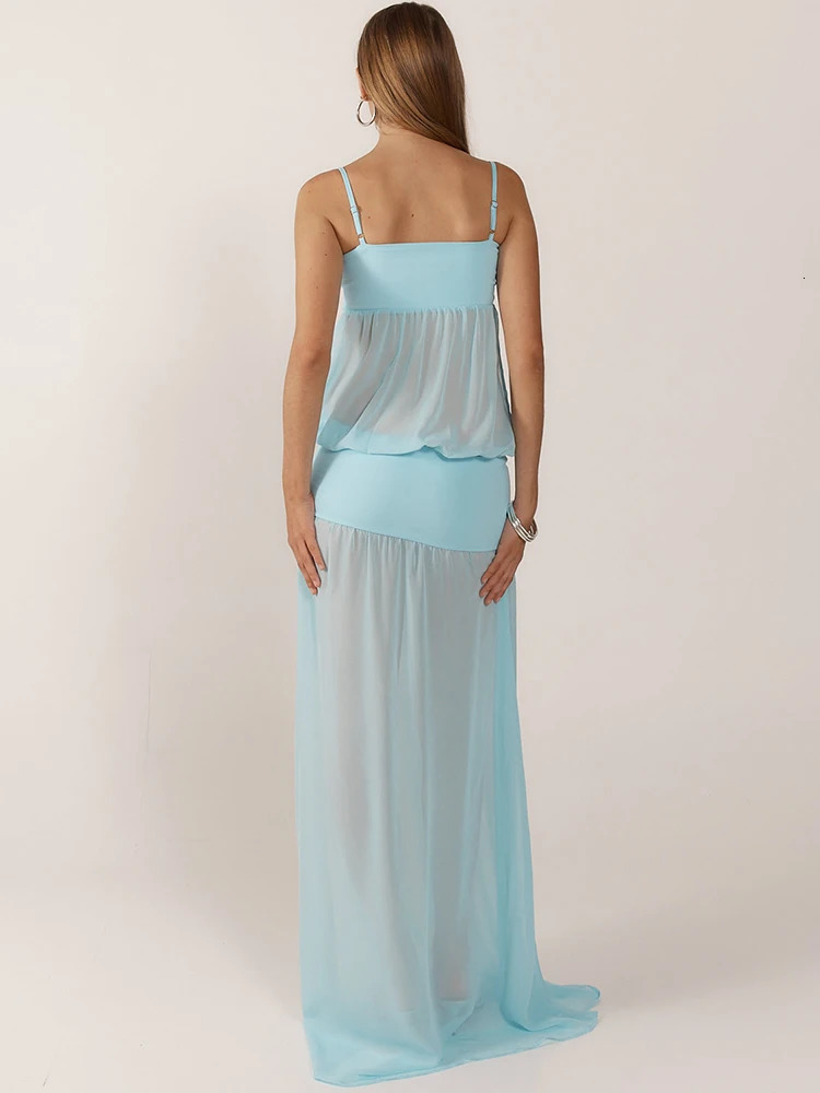 Mozision Chiffon See Through Sexy Maxi Dress Women Gown Fashion Spaghetti Strap Sleeveless Backless Draped Club Party Long Dress 250624