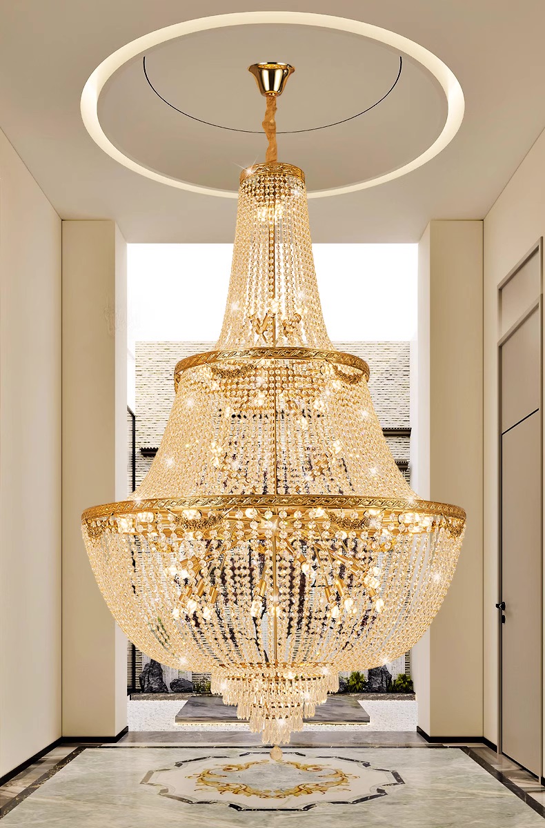Modern Crystal Chandeliers Large Gold Chandelier Ceiling Lighting Fixture American Romantic Droplight European Pendant Lights Hall Villa Lobby Hanging Lamps