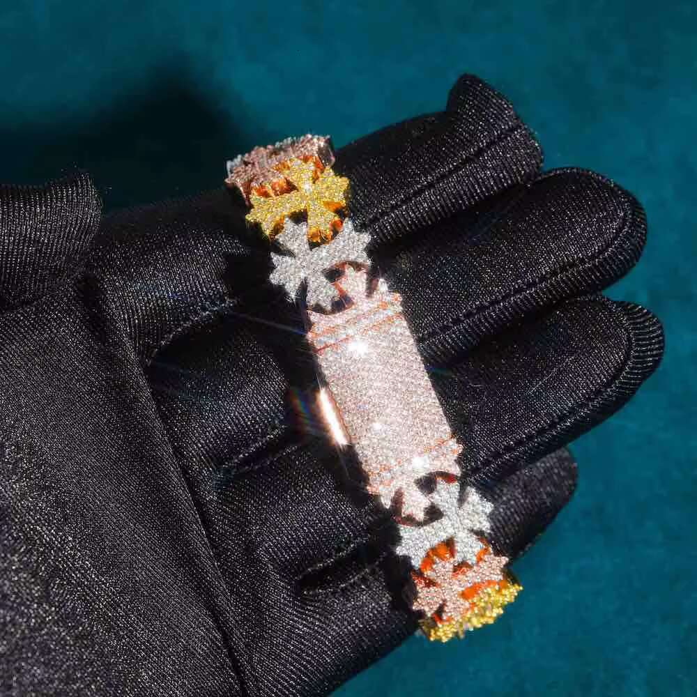 Vintage 16mm Moissanite Cross Link Bracelet Fine Hip Hop Diamond Jewelry for Weddings Charm Bracelets
