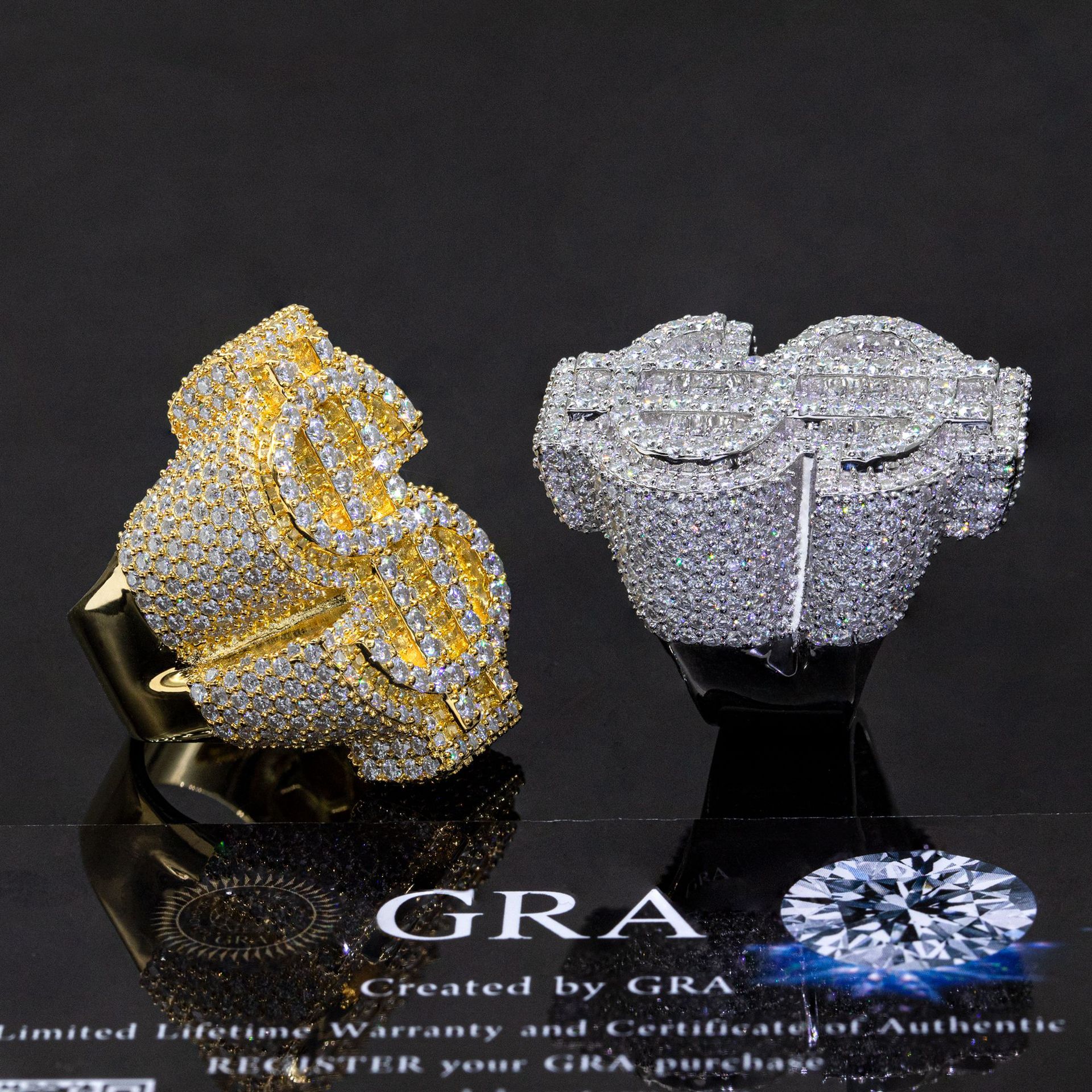 Hot Selling GRA Certificate High Quality 925 Silver Gold Plated Fine Jewelry Iced Out Hip Hop Ring Moissanite Dollar Ring
