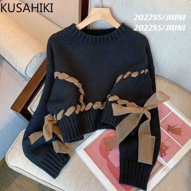 KUSAHIKI Chic Gauze Bow Bandage Knitted Sweater Casual Long Sleeve O-neck Pullovers 2023 Spring New Short Tops Female