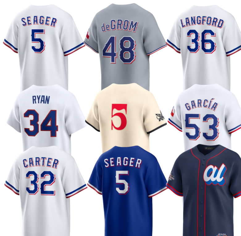 Ranger Baseball Jersey Nolan Ryan Corey Seager Adolis Garcia Marcus Semien Nathan Eovaldi Wyatt Langford Jake Burger Josh Jung Evan Carter Jacob deGrom Joc Pederson