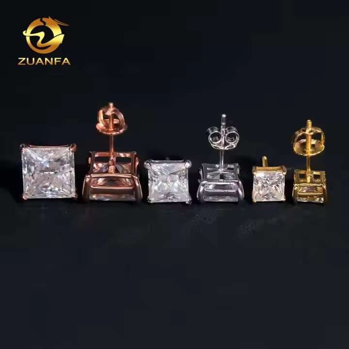 Wholesale Fashion Jewelry Princess Cut Single Diamond Ear Studs VVS Moissanite 925 Sterling Silver Stud Earring for Men Women