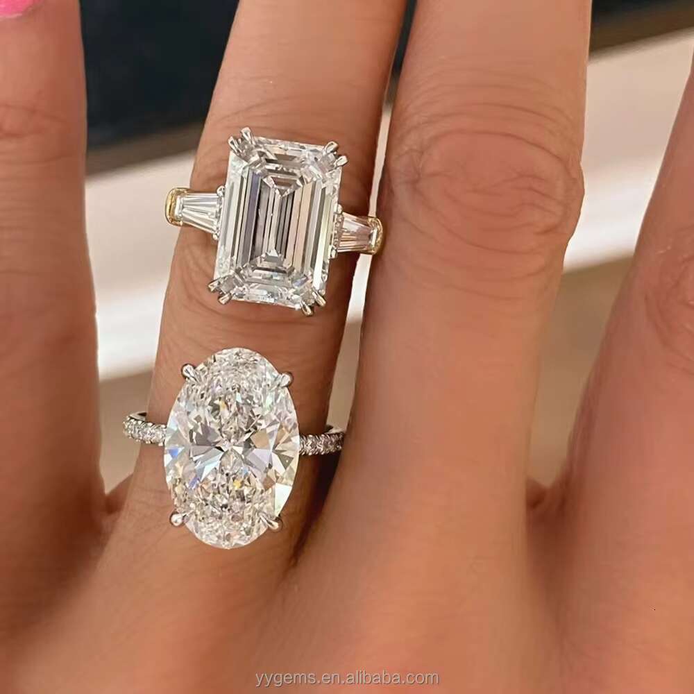 High End Double Claws 6CT Top Emerald Cut Moissanite Tapered Baguette Side 18K Solid Gold Wedding Ring Fine Jewelry Women Rings
