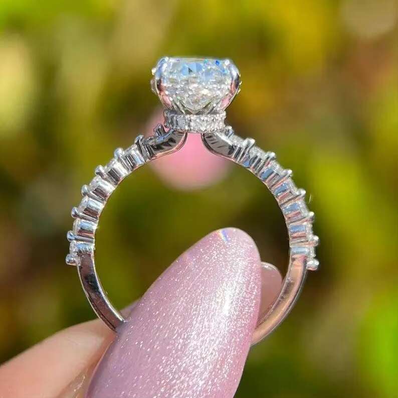 White Oval Moissanite Engagement Ring Real White Gold Plated halo Bridal Handmade Gift Women Her Oval Anniversary Ring Set