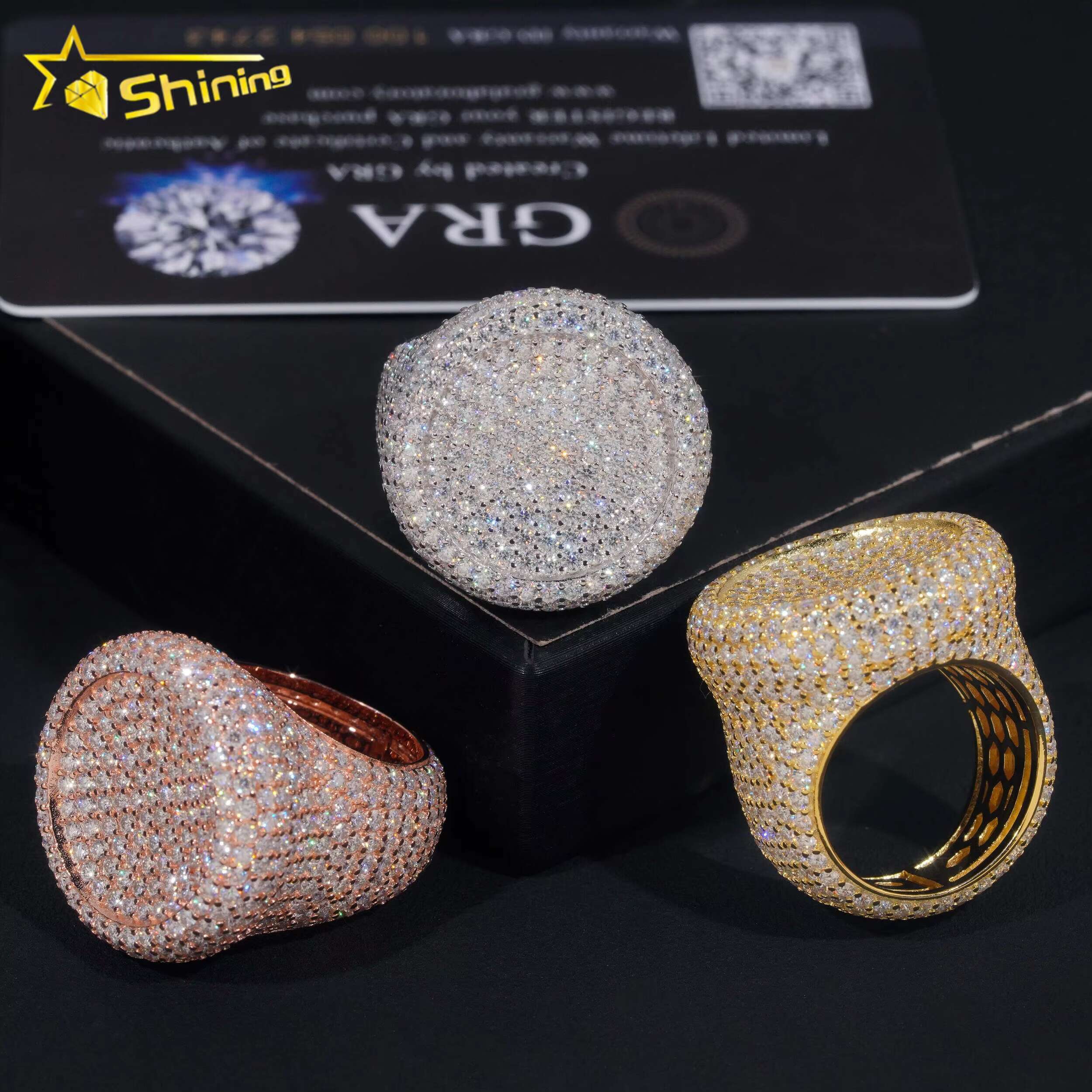 Stock Pass Diamond Tester Hip Hop Jewelry 925 Silver Fully Iced Bubble Edge Round Diamond Moissanite Men Ring Pinky Ring