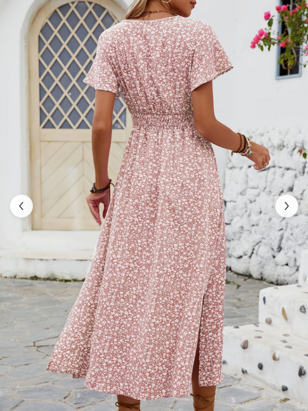 F626Cross-border new women's dress hot sale holiday V-neck elastic waist short-sleeved dress