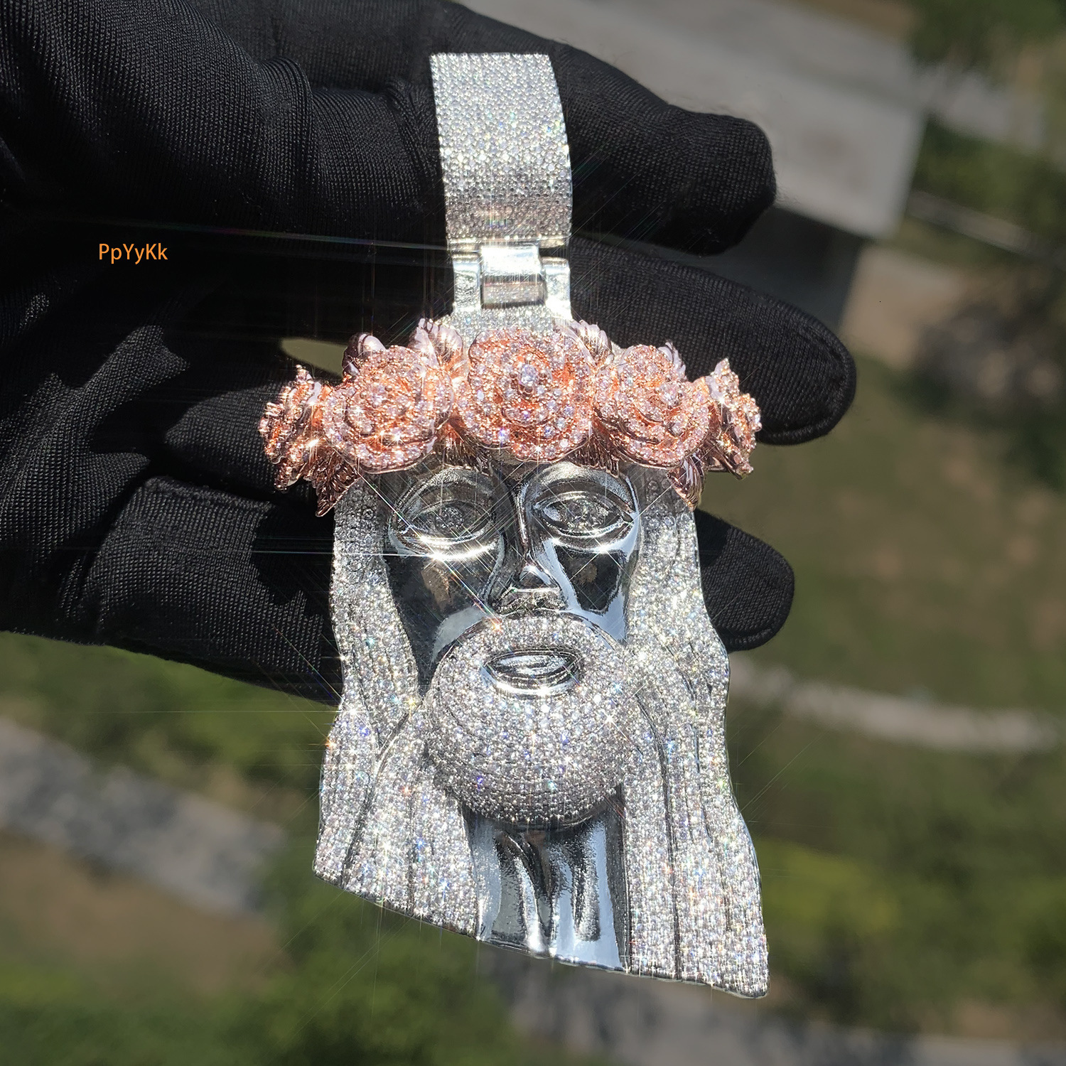 Unique Jesus Rose Design Hip-Hop Men's Pendant Street Fashion Zircon Necklace Pass the diamond tester