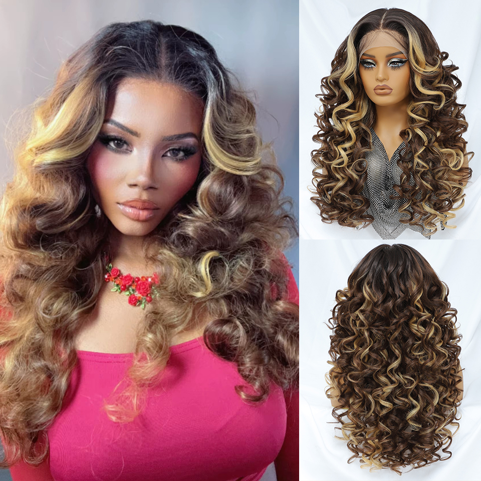 Premium Synthetic Blend Heat Resistant French Curls Blonde Glueless HD Frontal Synthetic Hair Lace Front Wigs 24inch 1pcs