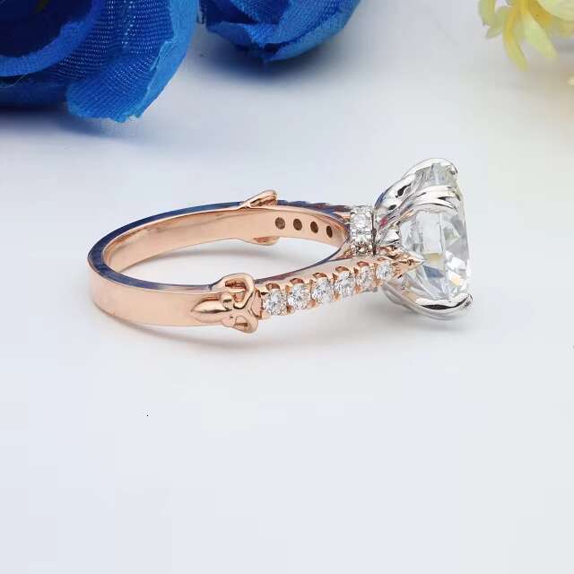 Elegant Round Cut Paved Diamonds Solitaire Bridal Ring Featuring a Subtle Halo