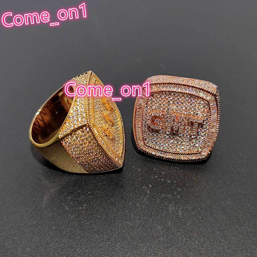 Trendy Hip Hop Custom Champion Ring Copper Set Zircon Moissanite Ring Hiphop Mens and Womens Ring