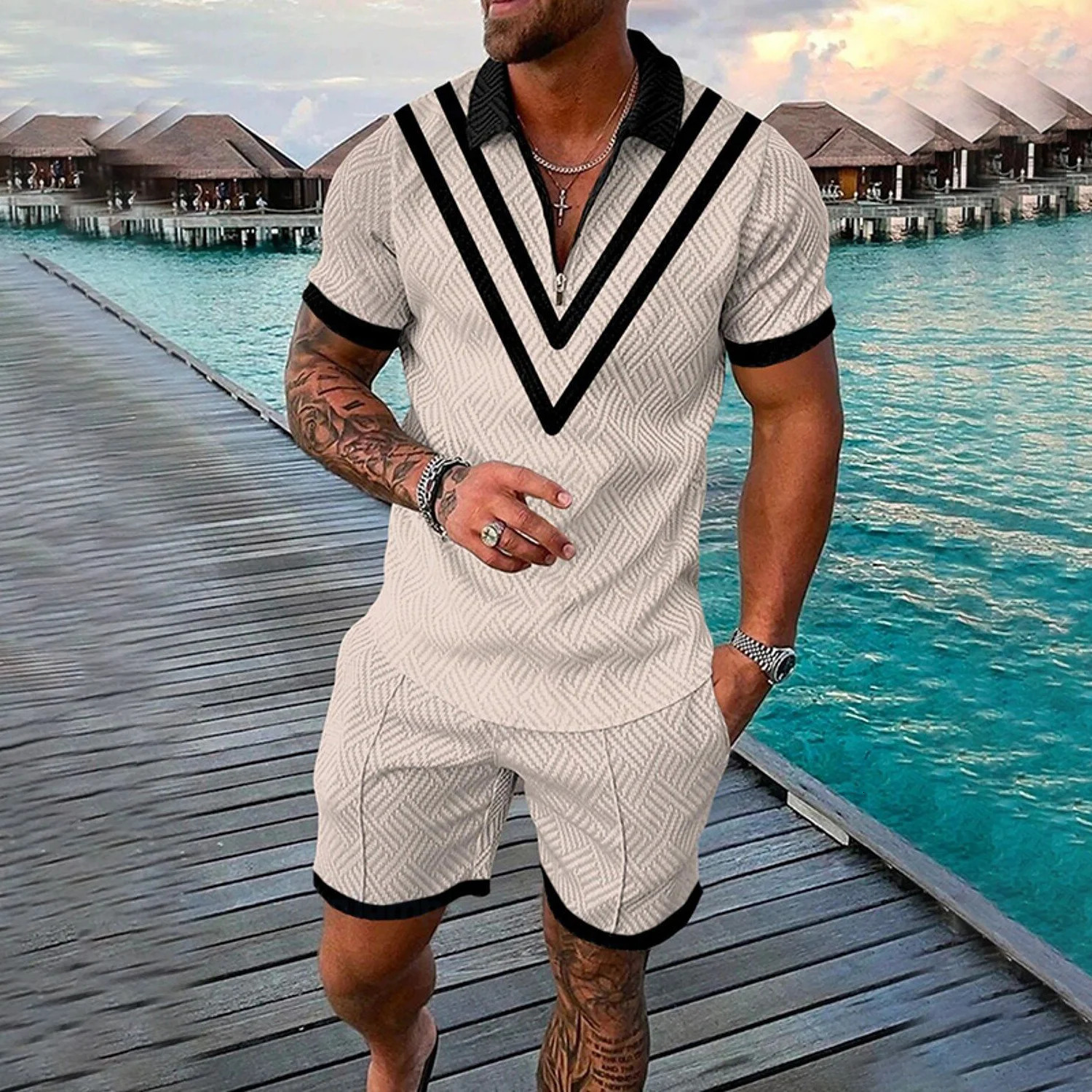 Funny 3D Printed Mens 2 Piece Sets Fashion Polo ShirtShorts Outfit Casual Short Sleeve Zipper Shirts Summer Hip Hop Streetwear 250624