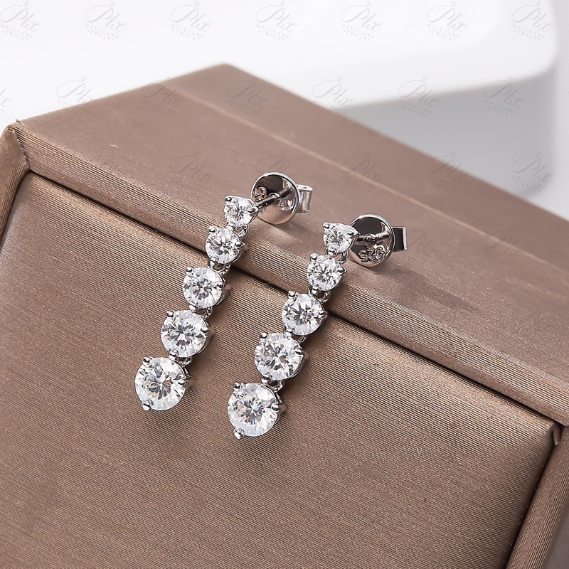 Tennis Design Three Prongs Setting Gradient Size Round Brilliant Cut VVS Moissanite Drop Earrings Gold Plated Stud Earring Wedding Party