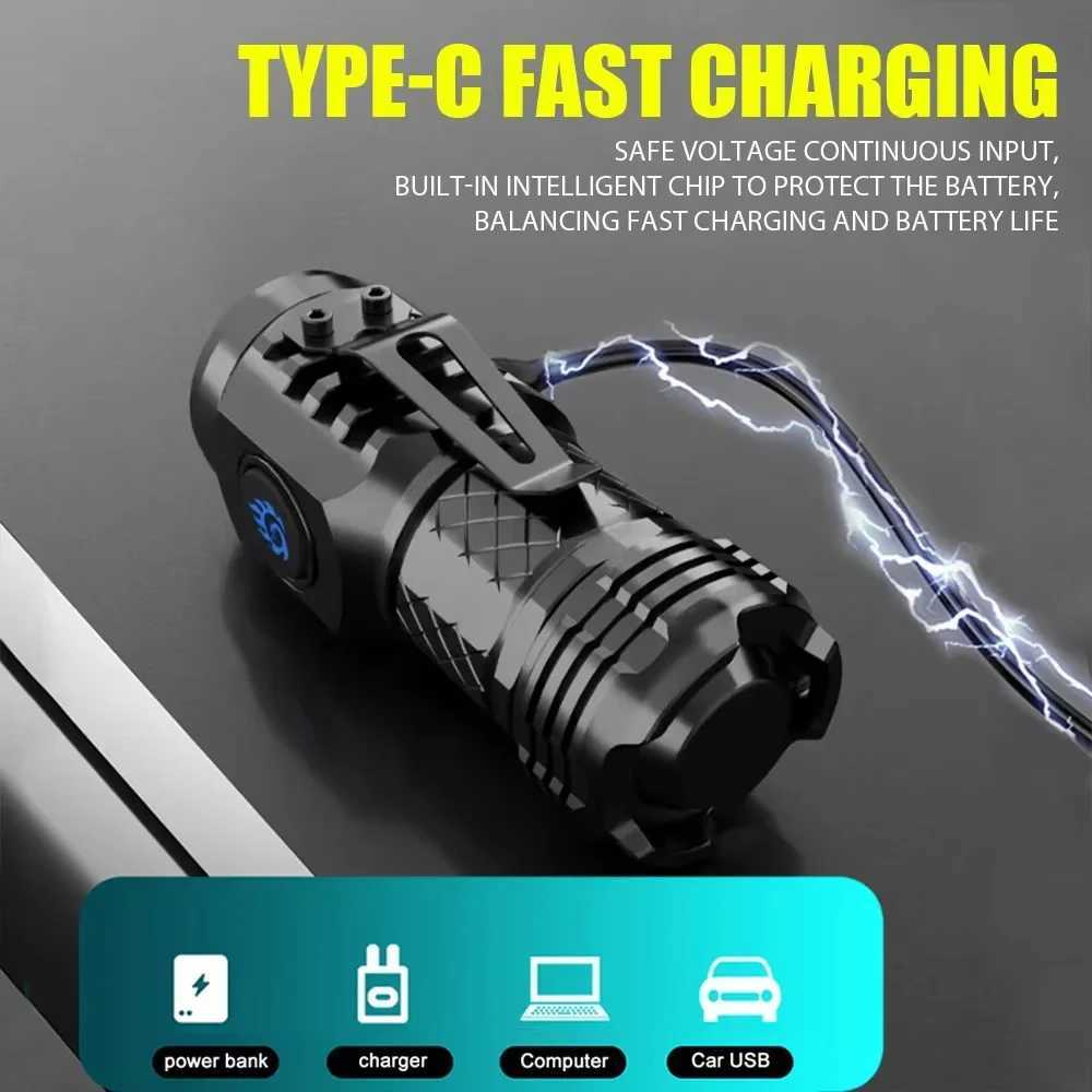 Mini Strong Light Flashlight LED Super Bright Torch Type-C Rechargeable Portable Home Camping Light Waterproof with CAP CLIP W250701