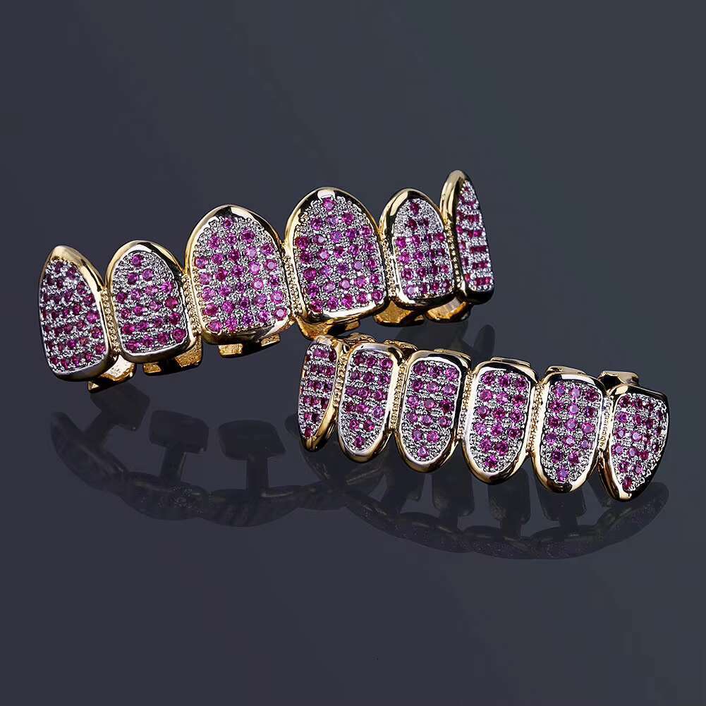 Purple Bling CZ Diamonds Paved Setting Punk Ice Bars Teeth Grillz Top Bottom Set Hip Hop Copper Alloy Zircon Perfect GiftOACOCA