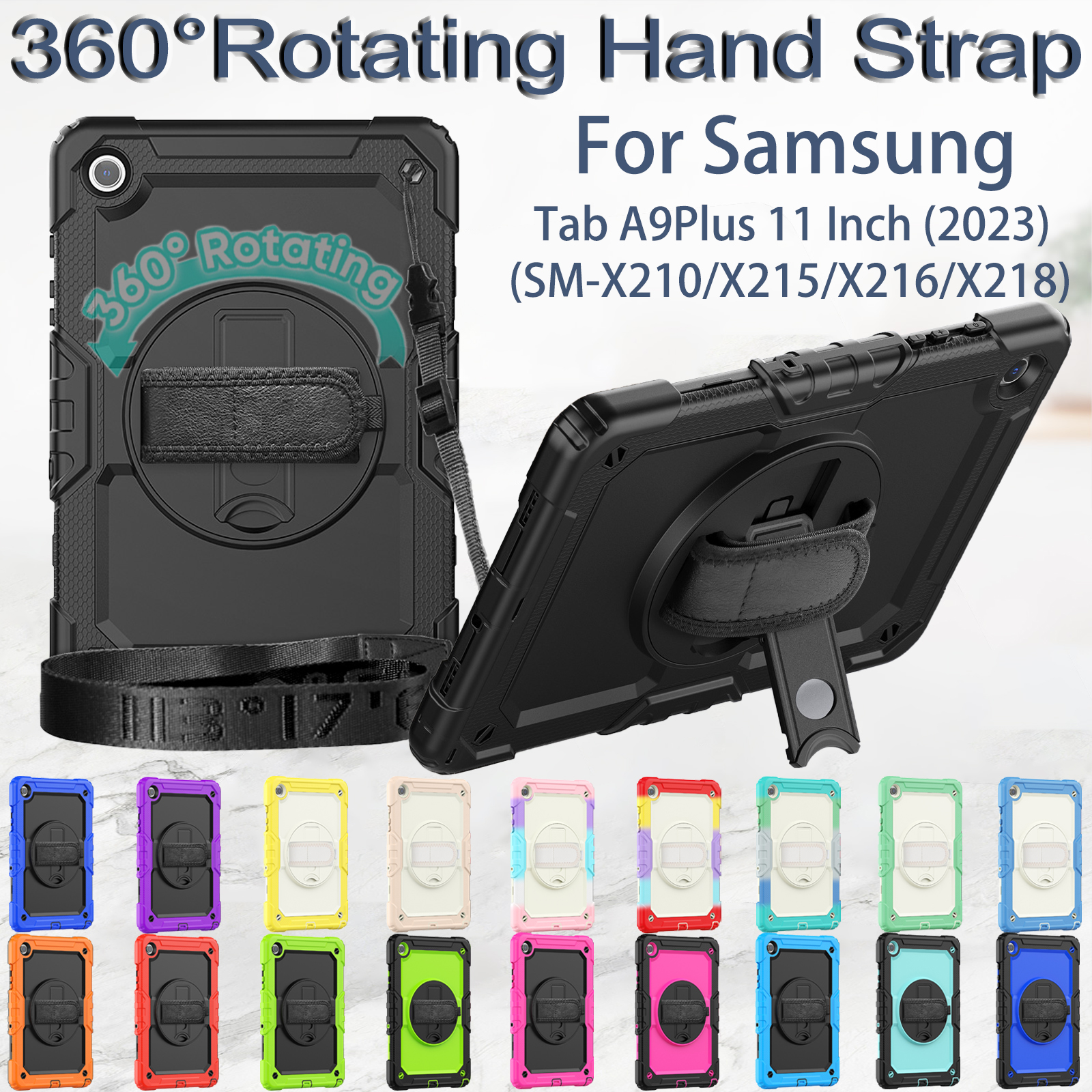 Case For Samsung Galaxy Tab A9 Plus 11 inch A9+ 360 Rotating Hand Strap Kickstand Tablet Cover Rugged Shockproof Armor Cases + Shoulder Strap with Scr