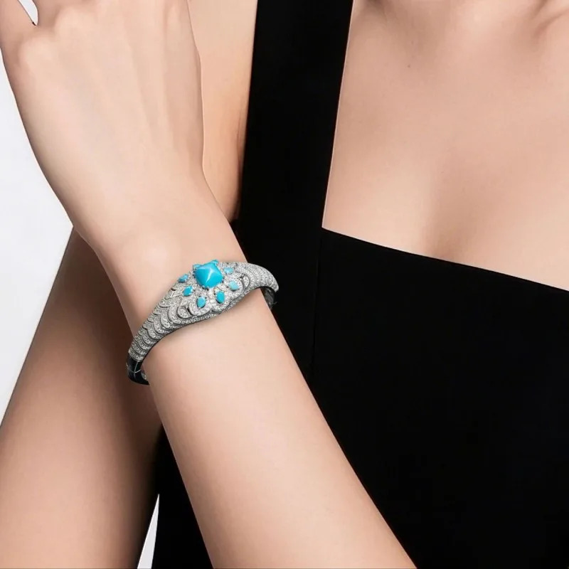 ZOCA 925 Sterling Silver Bangle Bracelets With Blue Synthetic Turquoise y ner Jewelry 250626