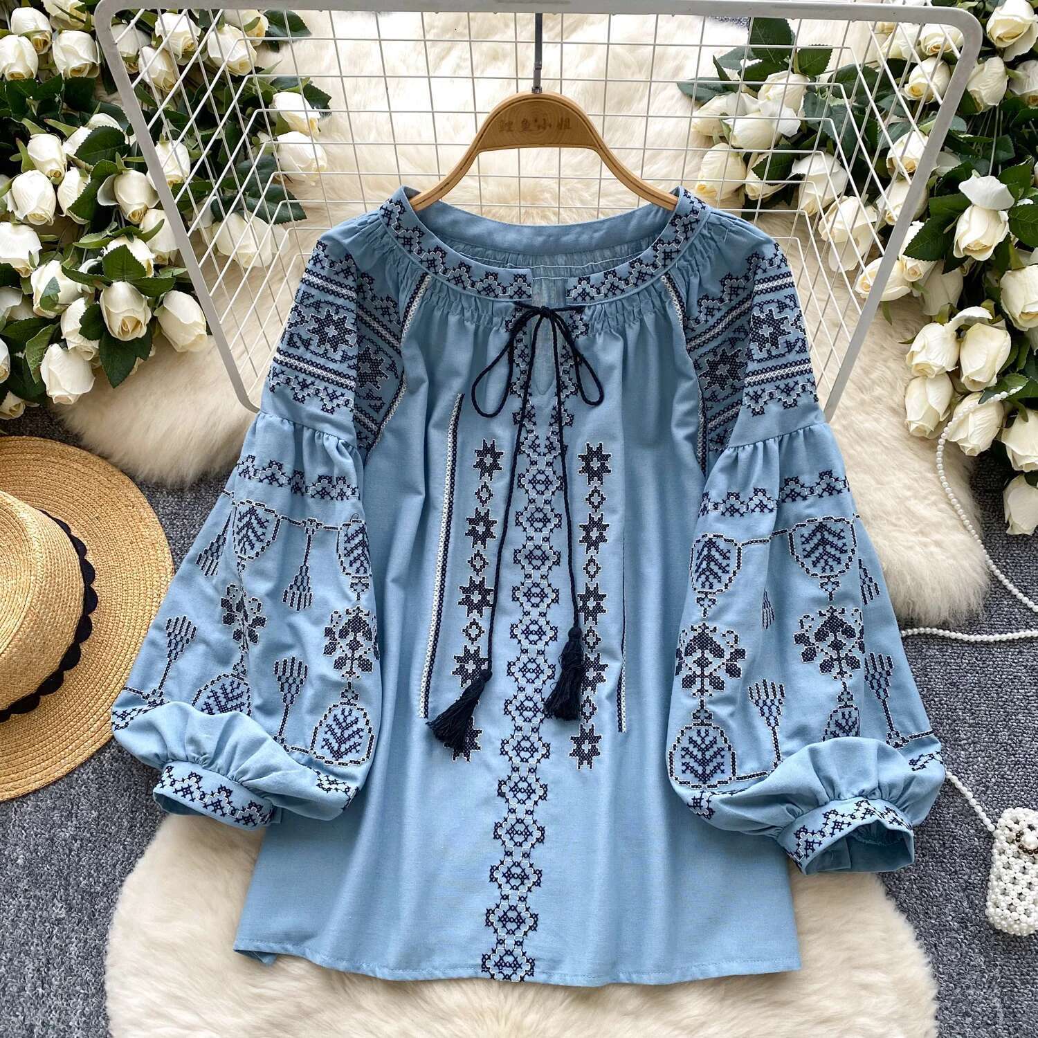 Embroidery Blusas Mujer Boho Beach Woman Shirts Blouses O-neck Lace-up Camisas Spring Loose Women Clothing Contrast Ropa