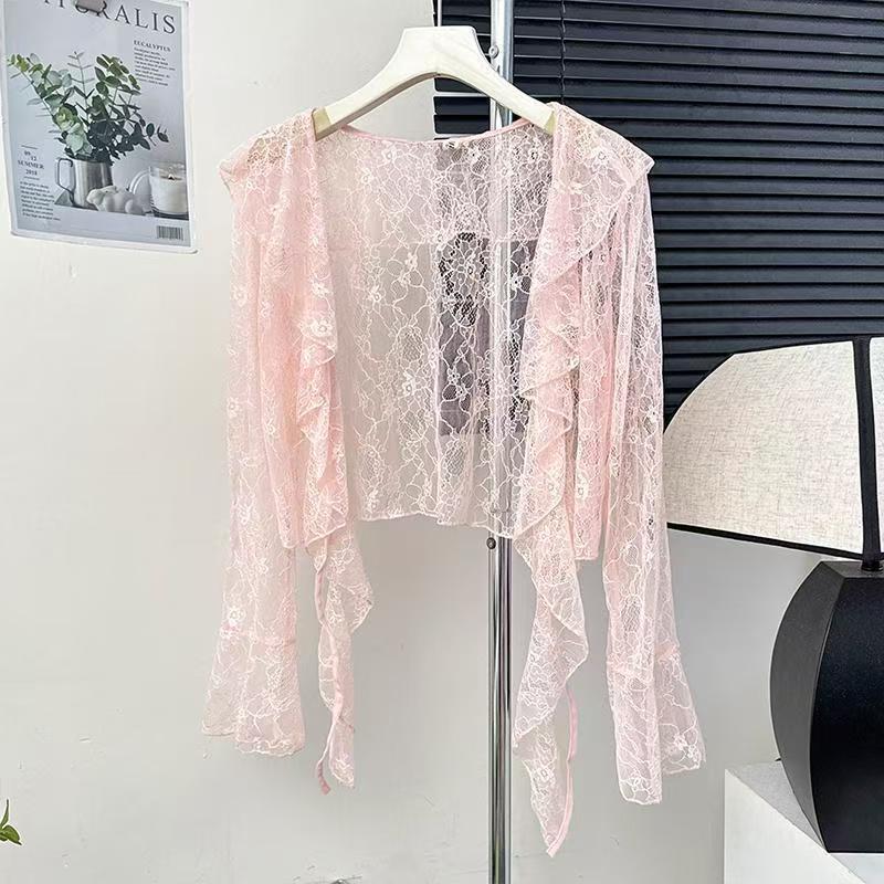 K1146 Sweet and fresh hollow hook flower lace blouse for women in summer with ruffled thin long sleeve sunscreen cardigan